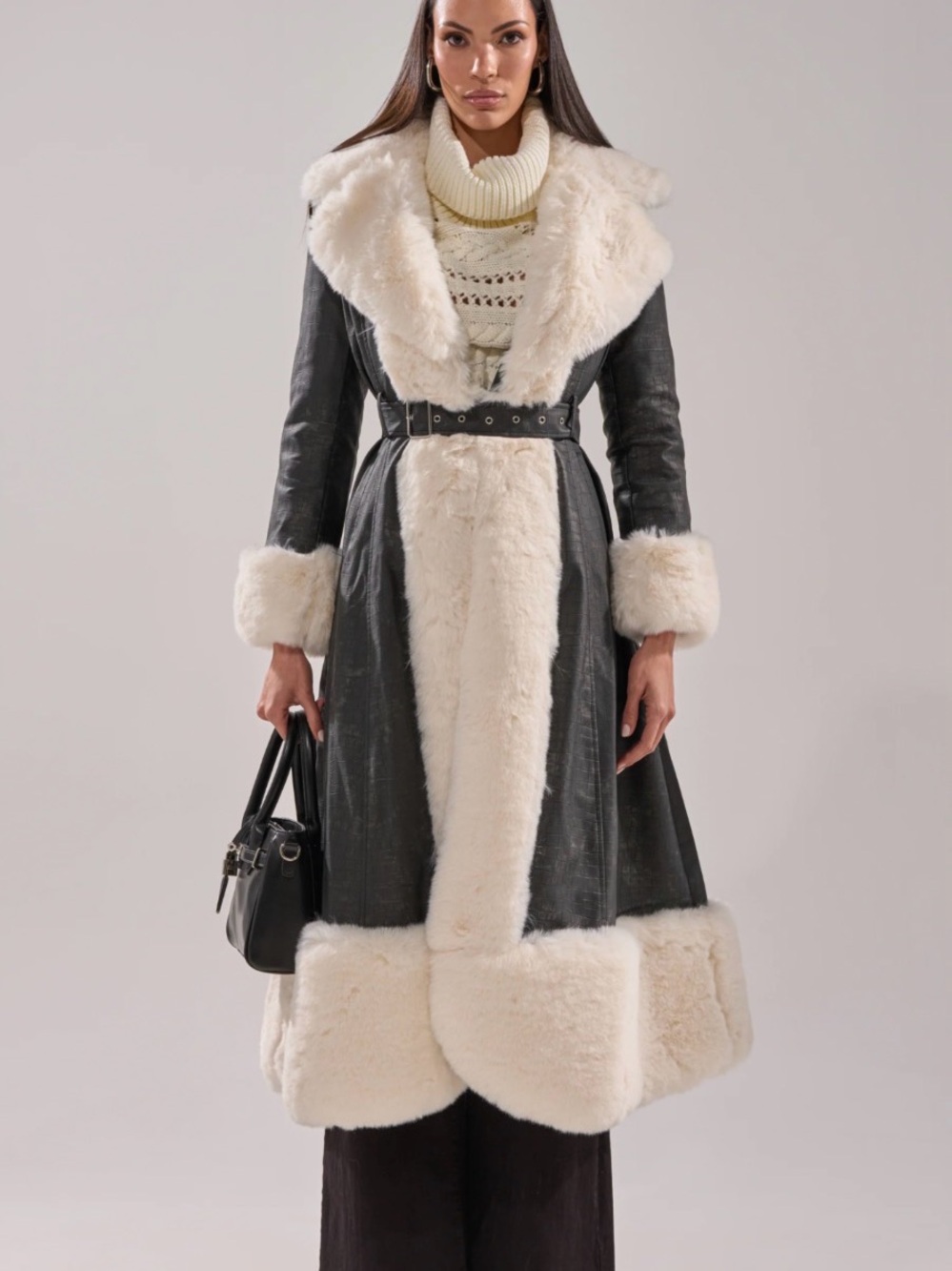 Black Trench Coat with Cream Shearling Trim